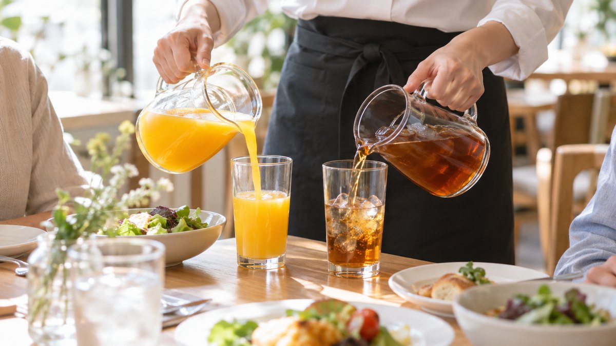 昼、レストランのテーブルで、店のスタッフが並んだグラスにオレンジジュースとウーロン茶を注いでいる手元。人の顔は写らない