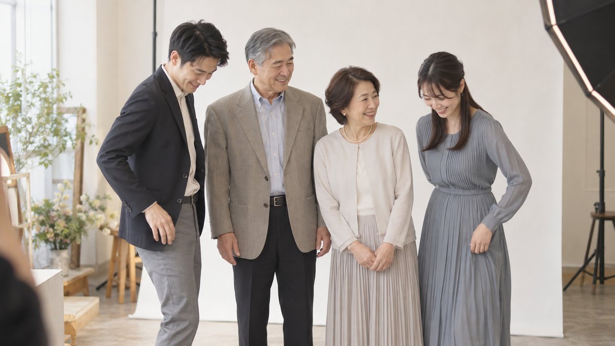 昼、町の写真館のスタジオで、60代の両親と30代の息子と20代の娘の家族4人が並び、撮影の前に照れ笑いしながら立ち位置を直している