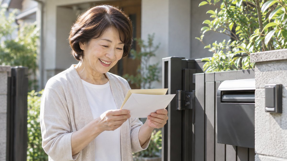 翌朝、一戸建ての門の前の郵便受けのそばで、60代の女性が届いた封筒を手に、うれしそうにほほえんでいる。封筒の文字は読めない