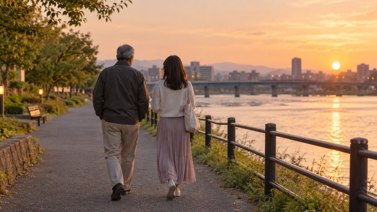 夕暮れの川沿いの遊歩道を、60代の父親と30代の娘が並んでゆっくり散歩している後ろ姿。顔は見えない