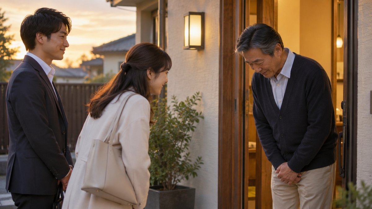 夕方、一戸建ての実家の玄関先で、60代の父親が、初めて訪ねてきた息子の婚約者の女性を迎え入れ、少し照れながら軽く頭を下げている。表札の文字は写らない