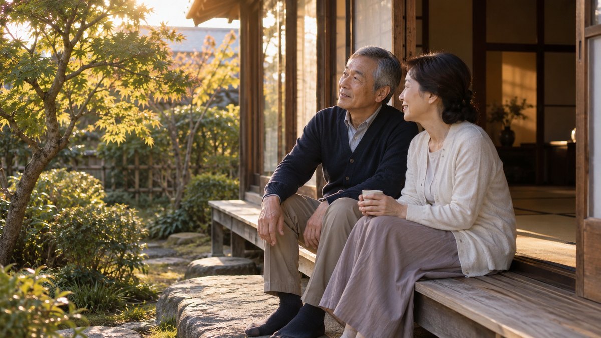 前日の夕方、古い一戸建ての縁側で、60代の父親が庭の木を眺めながら、隣に座った妻と穏やかに話している