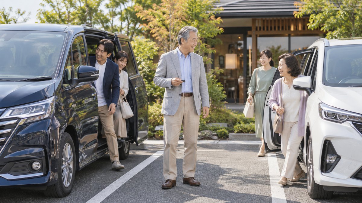 昼、レストランの駐車場で、両家の車が2台並んで止まり、60代の父親が車のキーを手に、降りてくる家族を待っている。ナンバープレートの文字は写らない