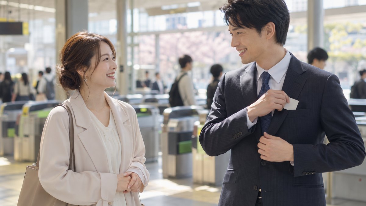 春の朝、駅の改札の前で、婚約した30代の男女が待ち合わせ、男性が小さなカードを胸ポケットにしまいながら女性に笑いかけている。案内表示の文字は写らない