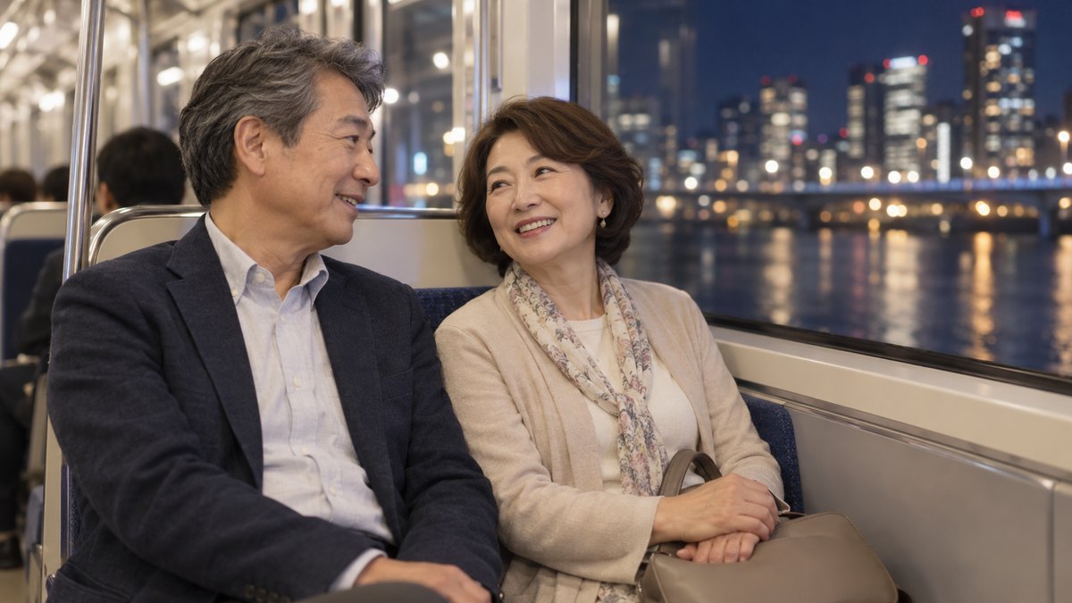 夜、帰りの電車の座席で、60代の夫婦が並んで座り、窓の外の街の明かりを見ながら穏やかに話している。車内の表示の文字は写らない