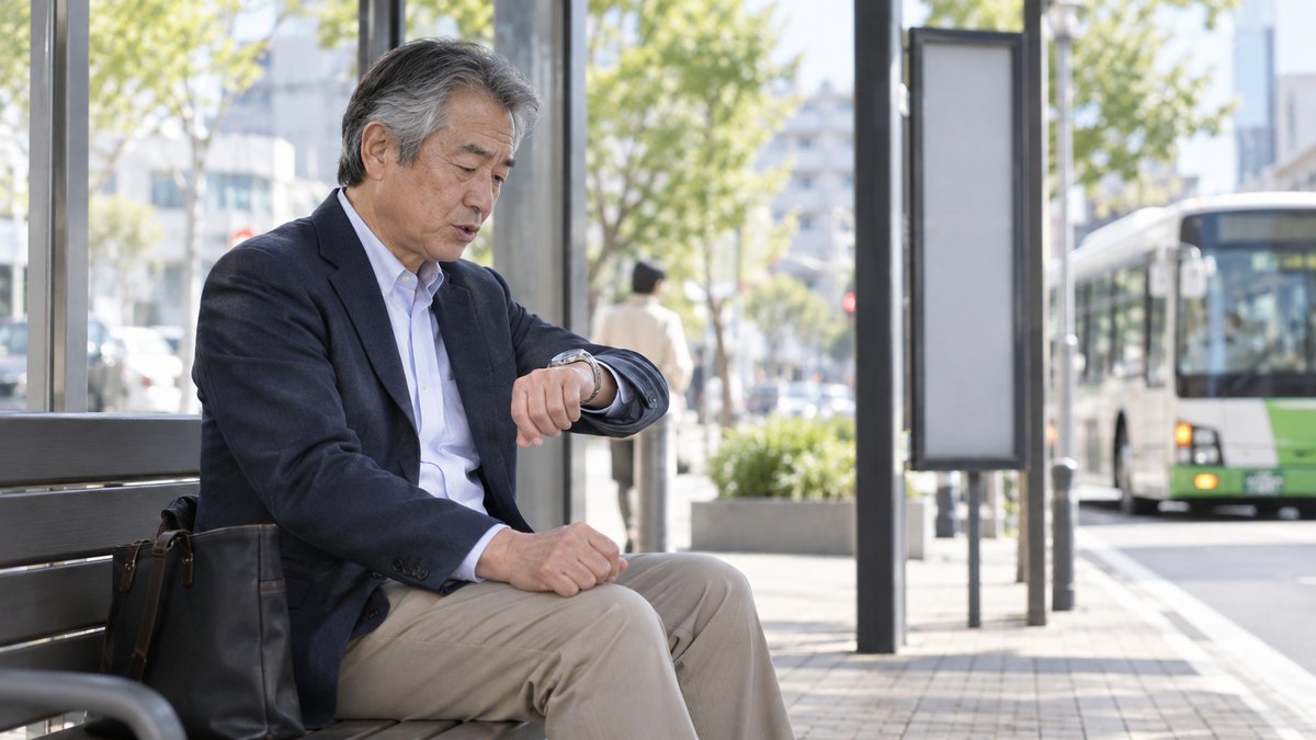 昼、駅前のバス停のベンチで、ジャケット姿の60代の男性がバスを待ちながら腕時計に目をやり、小さく口を動かしている。時刻表や看板の文字は写らない