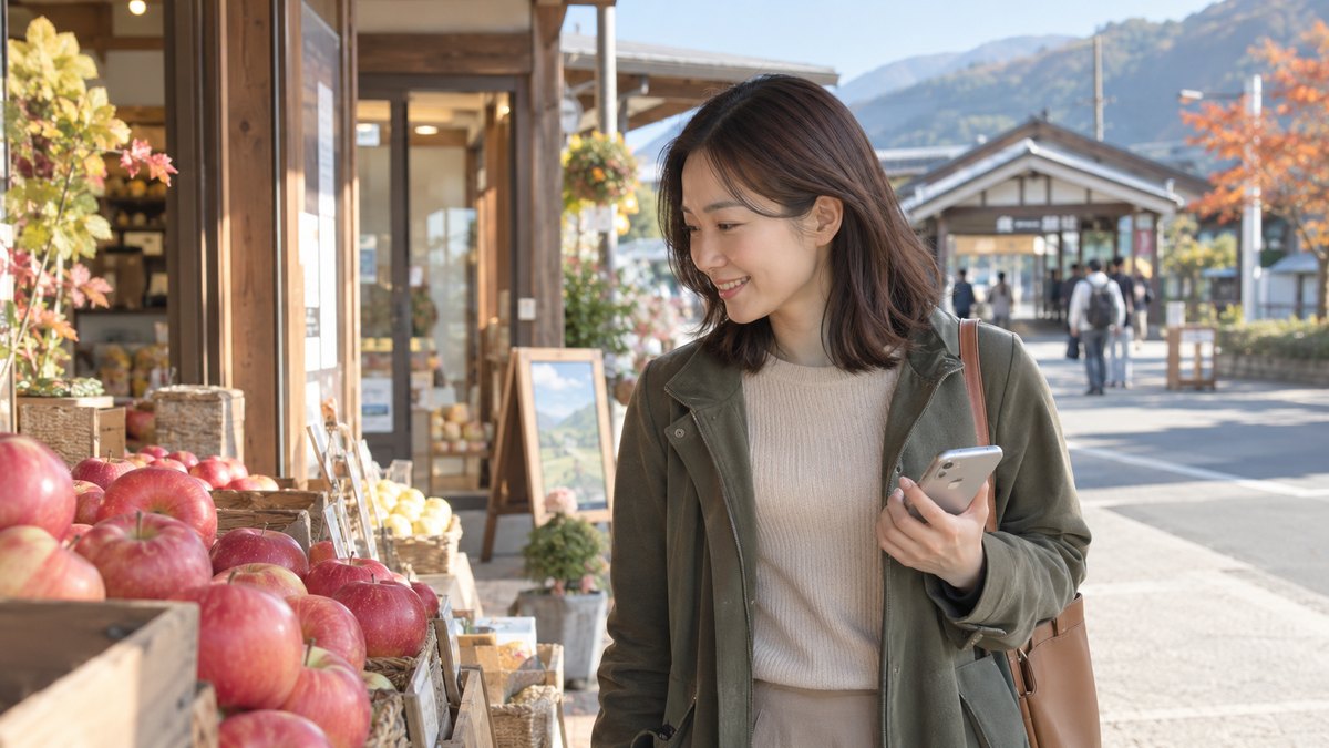 昼、地方の駅前の小さな観光案内所の前で、30代の女性がスマートフォンを片手に、地元の名産のりんごが並んだ店先を眺めている。看板やスマホの画面の文字は読めない