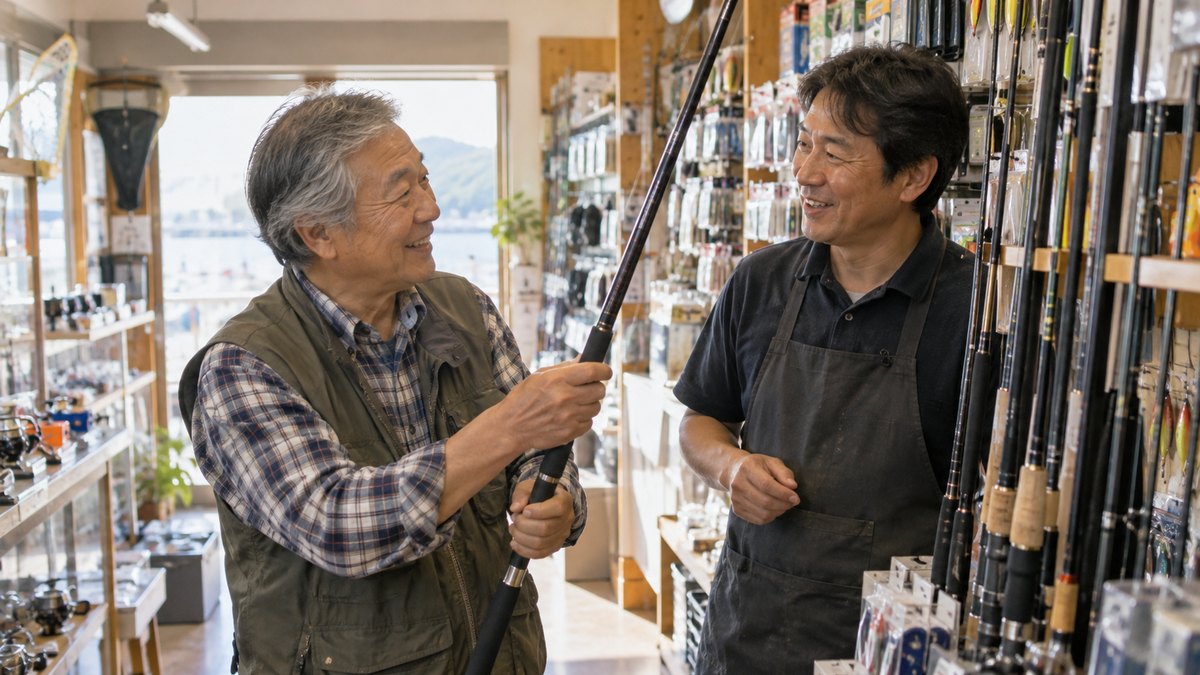 昼、町の小さな釣具店の店内で、60代の男性が棚の前で釣り竿を手に取り、店主の男性と楽しそうに話している。商品の値札や看板の文字は読めない