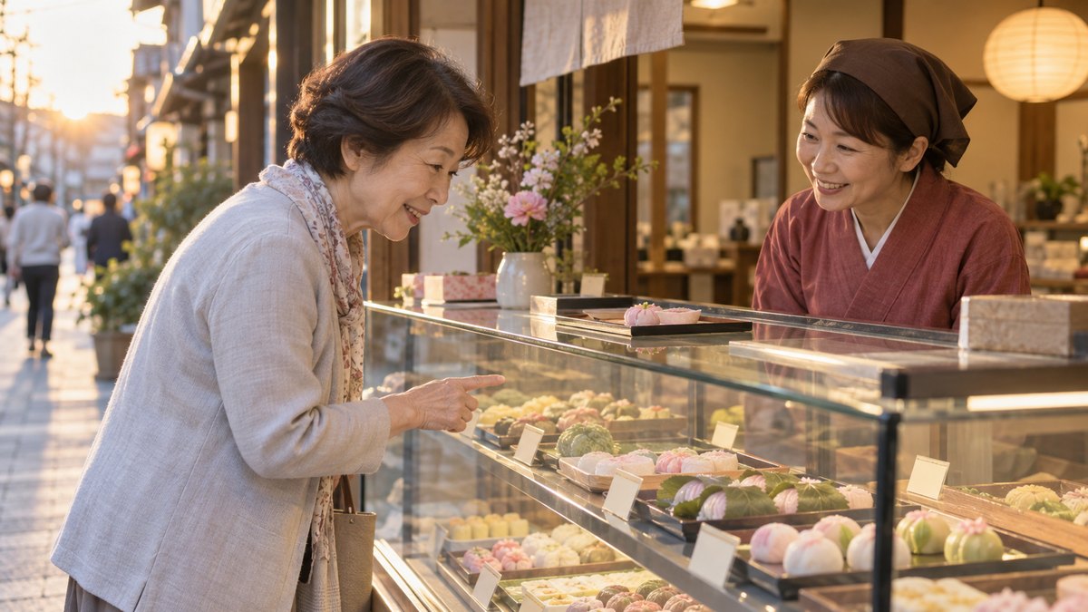 夕方、商店街の和菓子屋の店先で、60代の女性がショーケースをのぞき込み、店の女性と季節の和菓子について話している。値札や看板の文字は読めない