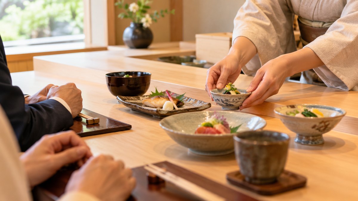 昼、和食店の白木のカウンターの上に、季節の料理を盛った器がいくつか並び、仲居の女性が最後の小鉢をそっと置いている手元。人の顔は写らない