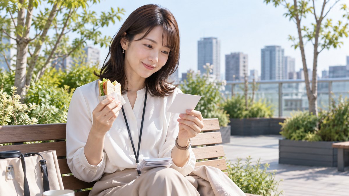 昼、オフィスビルの屋上庭園のベンチで、30代の女性が昼休みにサンドイッチを片手に、小さなカードを1枚ずつめくって見返している。カードの文字は読めない