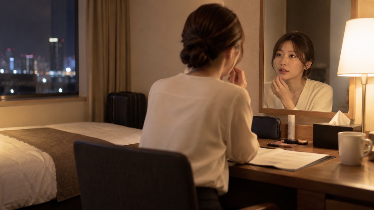 夜、ビジネスホテルの一室で、30代の女性が小さなデスクに向かい、鏡に映る自分を見ながら小声で何かを言ってみている。机の上の紙の文字は読めない