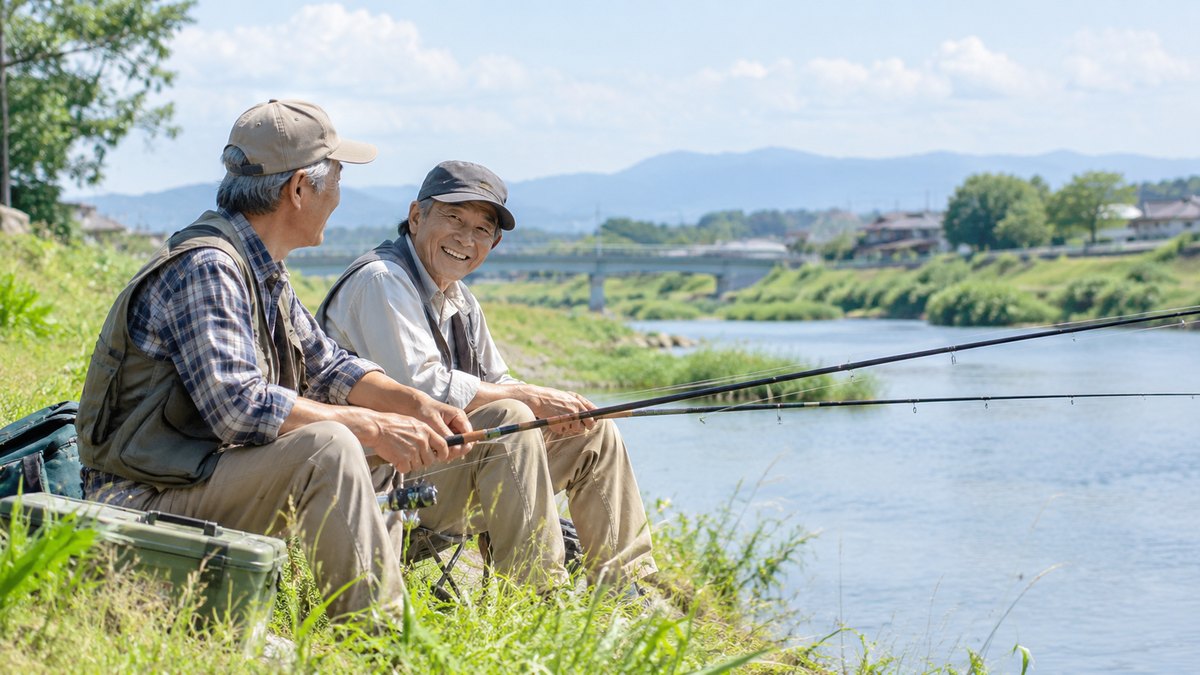 休日の昼、郊外の川の土手で、60代の男性2人が並んで腰を下ろし、釣り糸を垂らしながら、のんびりと話している