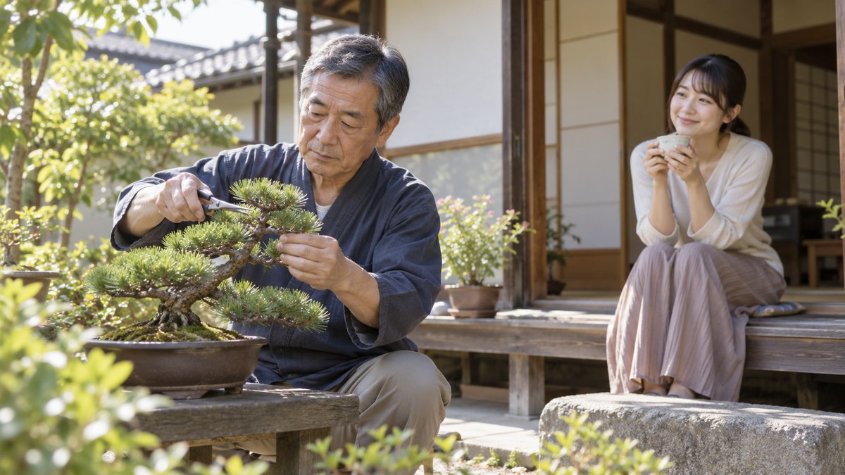 朝、一戸建ての庭先で、60代の無口そうな父親が盆栽の枝を黙々と整え、縁側に座った30代の娘がお茶を飲みながらその様子を見守っている