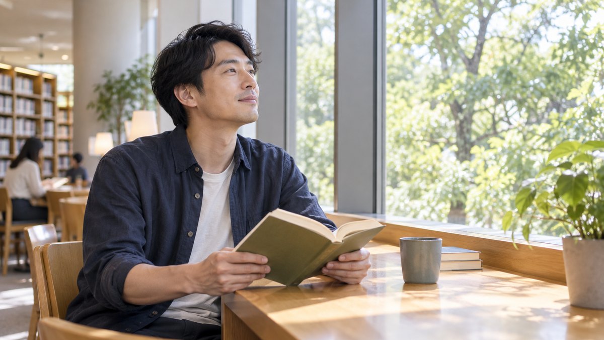 昼、図書館の窓際の閲覧席で、30代の男性が本を開いたまま顔を上げ、窓の外の木々を眺めてゆっくり息を吐いている。本の文字は読めない