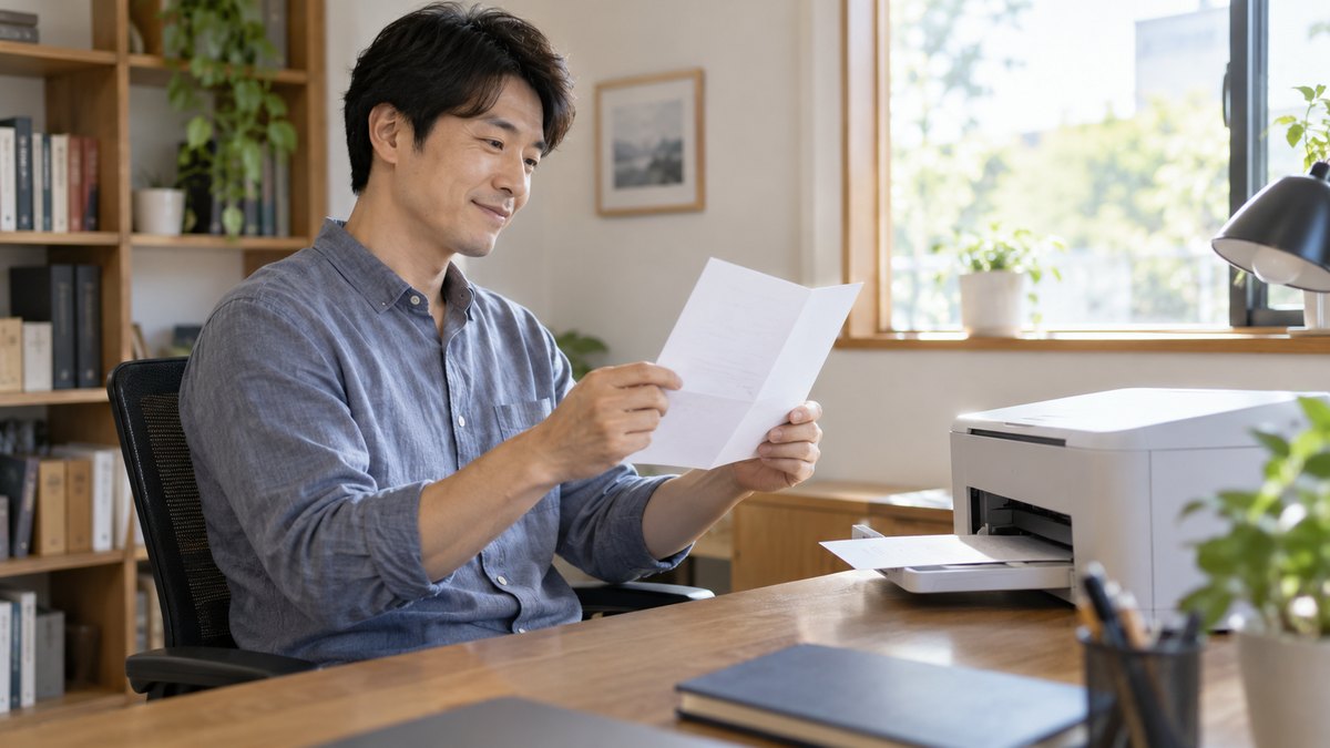 昼、自宅の書斎の机で、30代の男性が家庭用のプリンターから刷り上がった二つ折りの紙を取り出し、出来ばえを確かめている。紙の文字は読めない