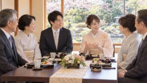 和食店の明るい個室で、婚約した二人と両家の両親の6人が座卓を囲み、新婦が新郎の母親に笑顔で話しかけている