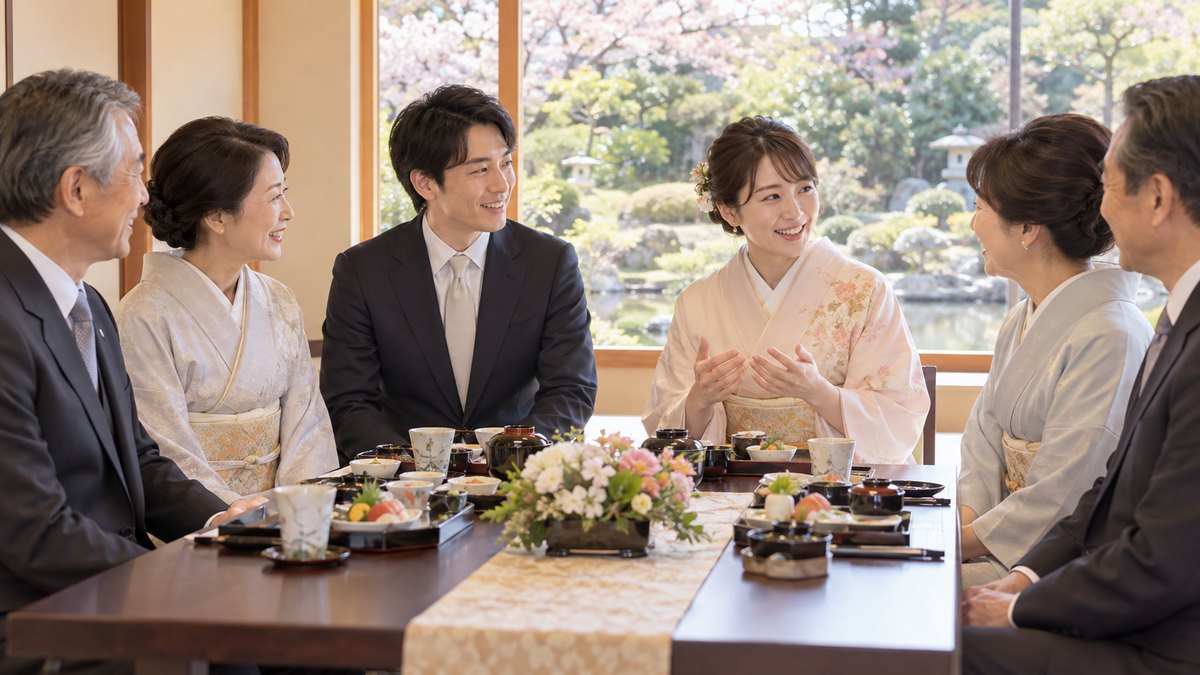 和食店の明るい個室で、婚約した二人と両家の両親の6人が座卓を囲み、新婦が新郎の母親に笑顔で話しかけている