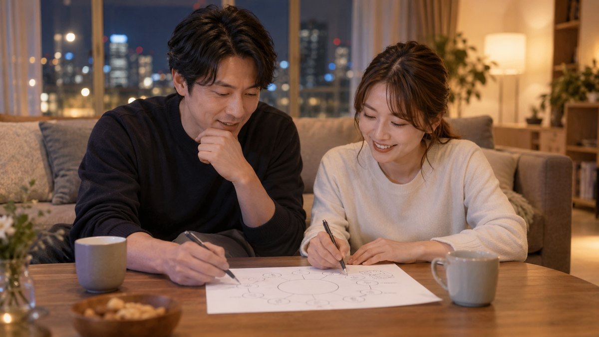 夜、マンションのリビングのローテーブルで、婚約した30代の男女が並んで座り、白い紙に丸いテーブルの席の図を描きながら、相談して書き込んでいる。紙の文字は読めない