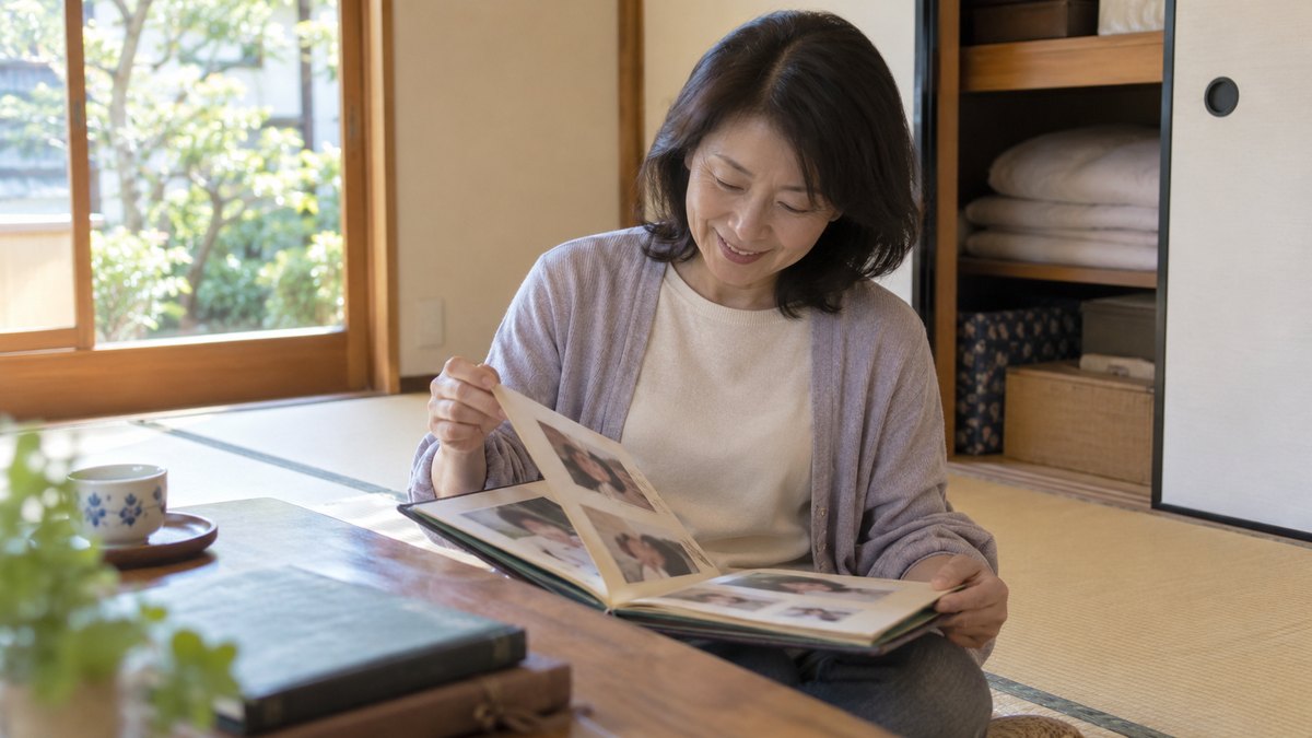休日の昼、一戸建ての和室で、50代の母親が押し入れから古いアルバムを出し、ページをめくりながら赤ちゃんの写真を眺めてほほえんでいる。写真の中の顔ははっきり写らない
