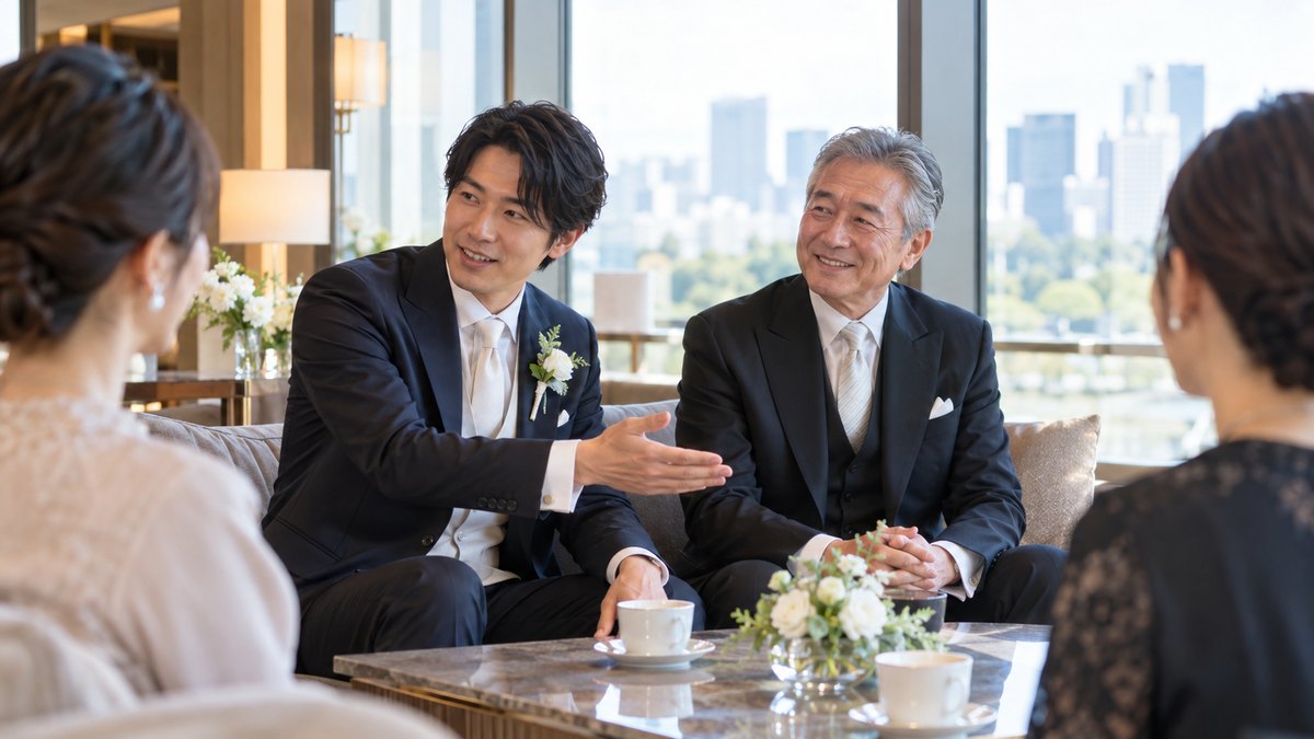 昼、ホテルのラウンジの窓際のソファ席で、30代の新郎が隣に座る自分の60代の父親の方へ体を少し向け、手のひらで向かいの席の人を示しながら話を振っている。父親は穏やかに笑っている