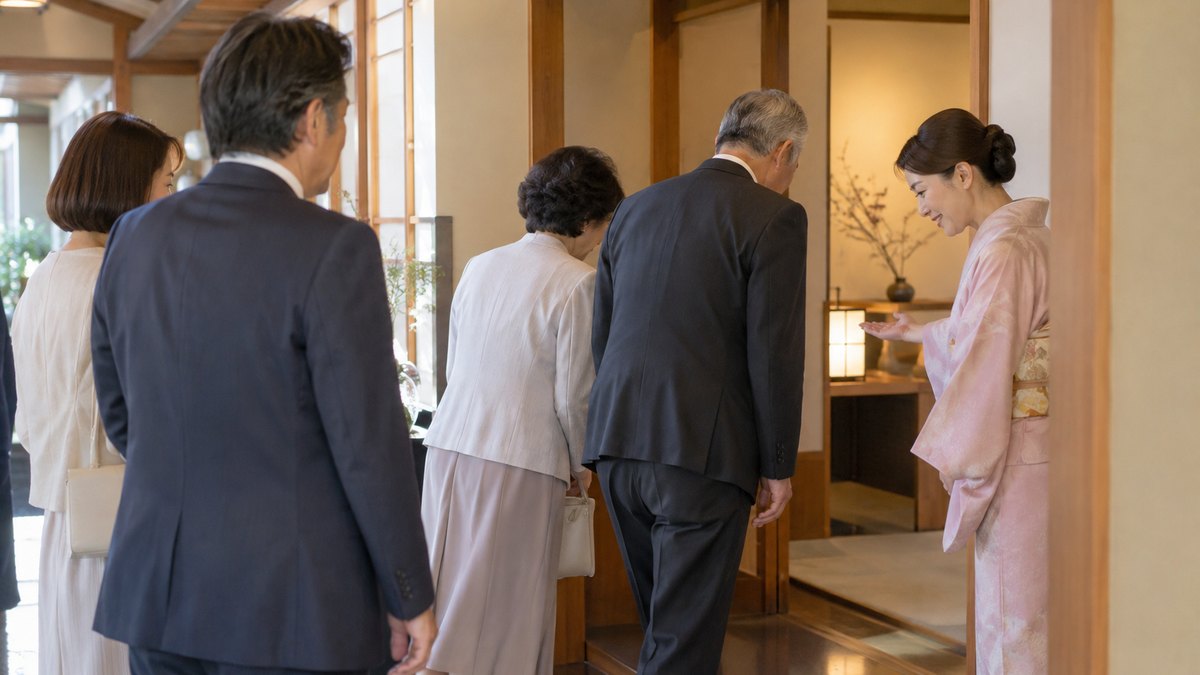 昼、和食店の個室の前の廊下で、着物姿の仲居の女性が両家の家族を部屋へ案内し、60代の夫婦が会釈しながら入っていく後ろ姿