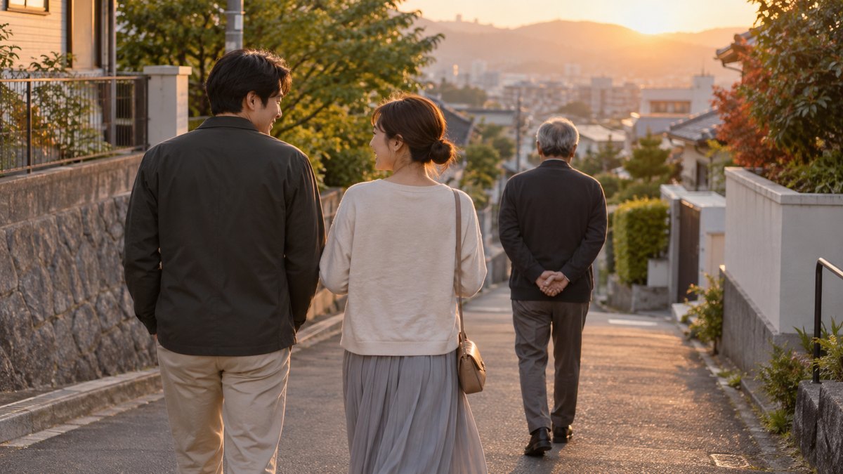 夕方、住宅街のゆるい坂道を、60代の父親が両手を後ろに組んで黙って少し先を歩き、その後ろを30代の娘と婚約者の男性が顔を見合わせて歩いている後ろ姿