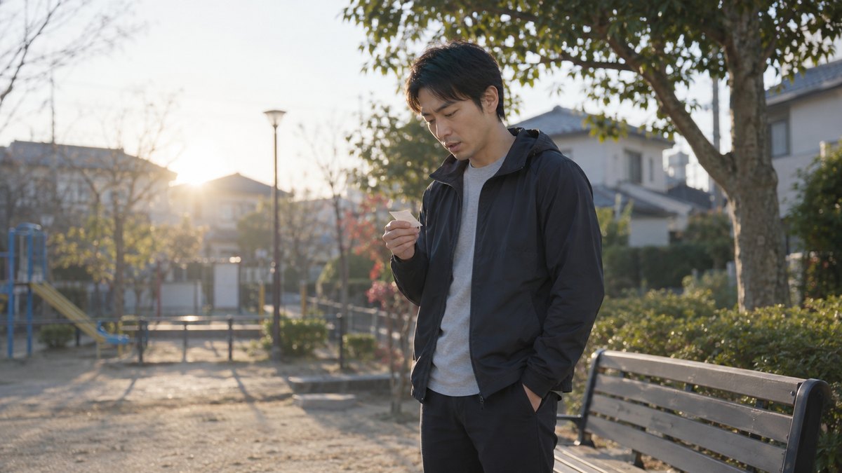 早朝、住宅街の小さな公園で、30代の男性がベンチの横に立ち、手のひらに収まる小さな紙を見ながら、小さく口を動かして言葉を確かめている。紙の文字は読めない