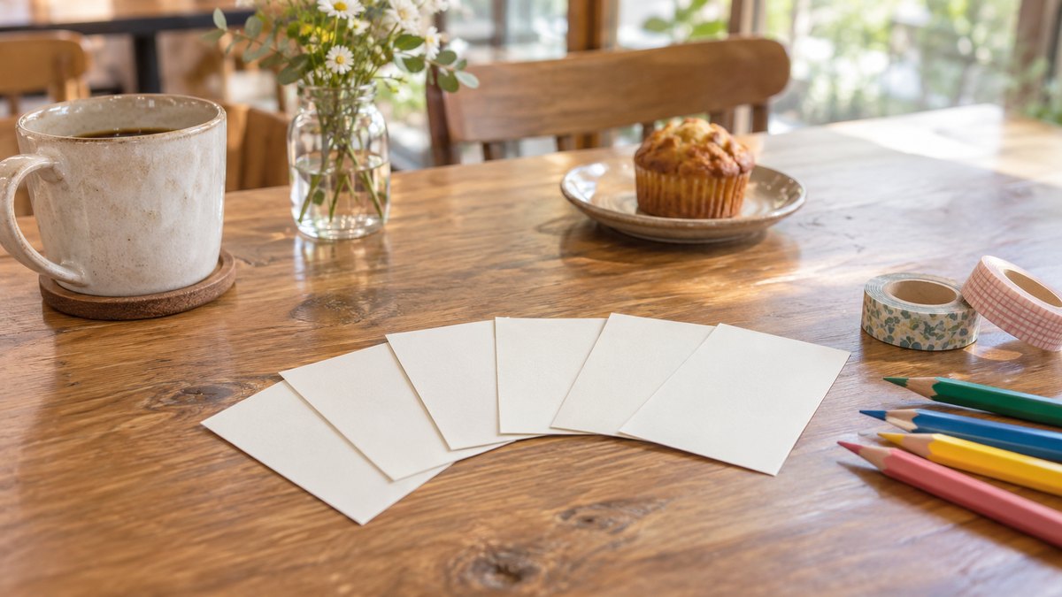 昼、カフェの木のテーブルの上に、無地の小さなカードが何枚か扇形に並び、そばに色鉛筆とマスキングテープが置かれている。カードに文字は無い。人は写らない