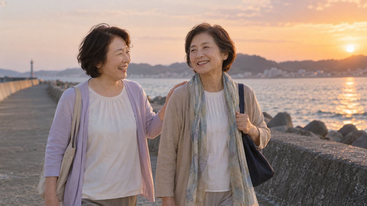 夕方、海沿いの防波堤の上を、両家の60代の母親2人が並んで歩き、片方が笑いながらもう片方の肩に軽く手を添えている
