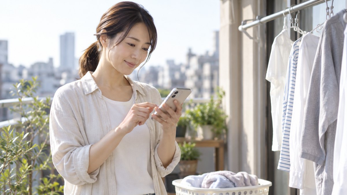昼、マンションのベランダで、30代の女性が洗濯物を取り込む手を止め、ふと思いついたようにスマートフォンにメモを打っている。画面の文字は見えない
