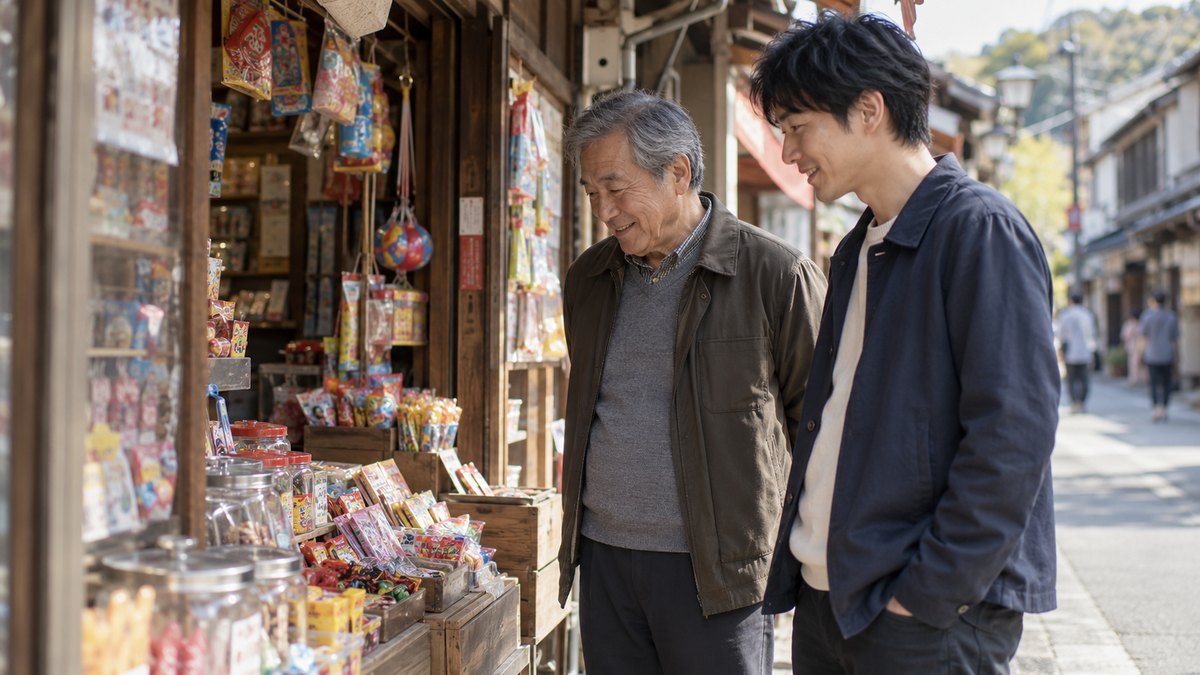 休日の昼、地元の古い商店街の駄菓子屋の前で、60代の父親と30代の息子が並んで立ち、懐かしそうに店先の昔ながらのお菓子を眺めている。看板や値札の文字は読めない