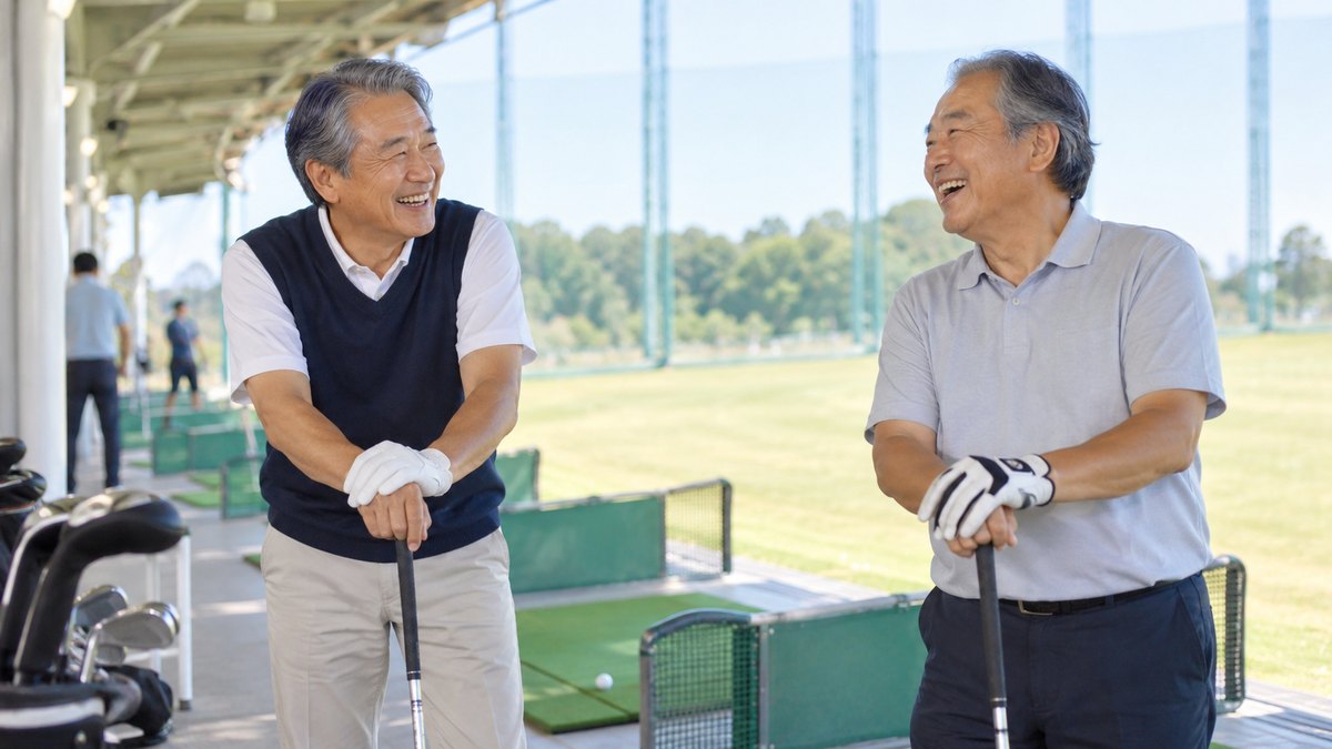 昼、ゴルフの打ちっぱなし練習場で、隣り合った打席の60代の男性2人がクラブを手に休憩し、笑いながら言葉を交わしている