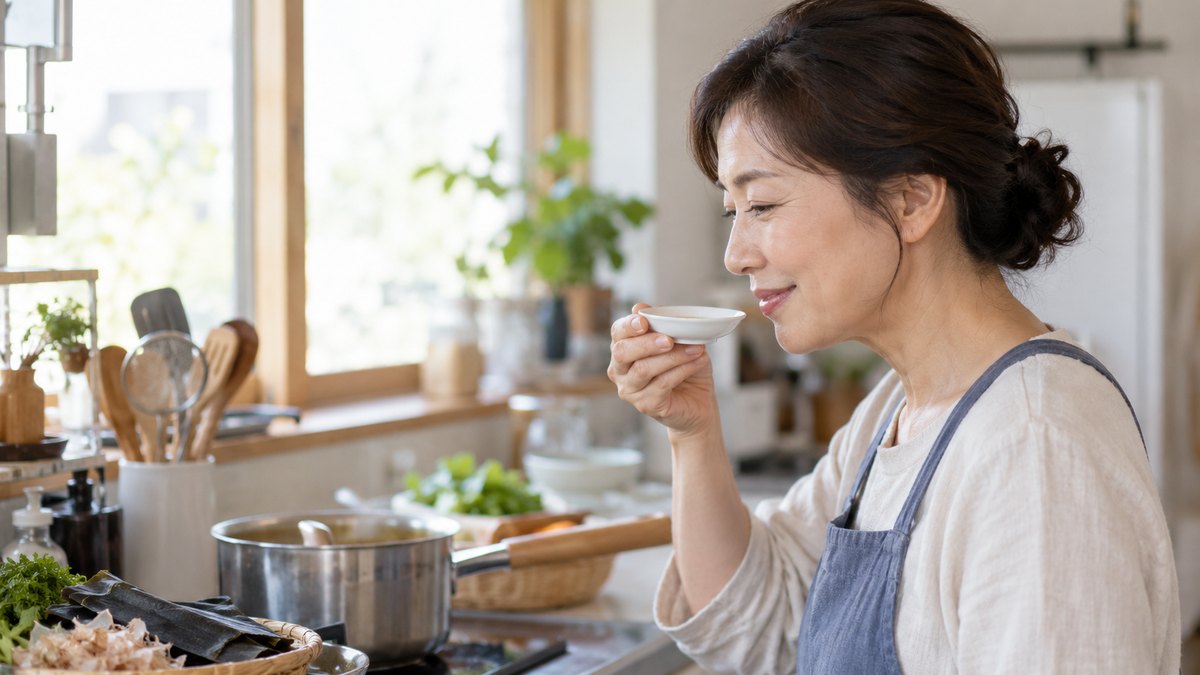 昼、家庭の台所で、50代の母親が小皿に取っただしの味見をしながら、ほっとしたようにほほえんでいる横顔