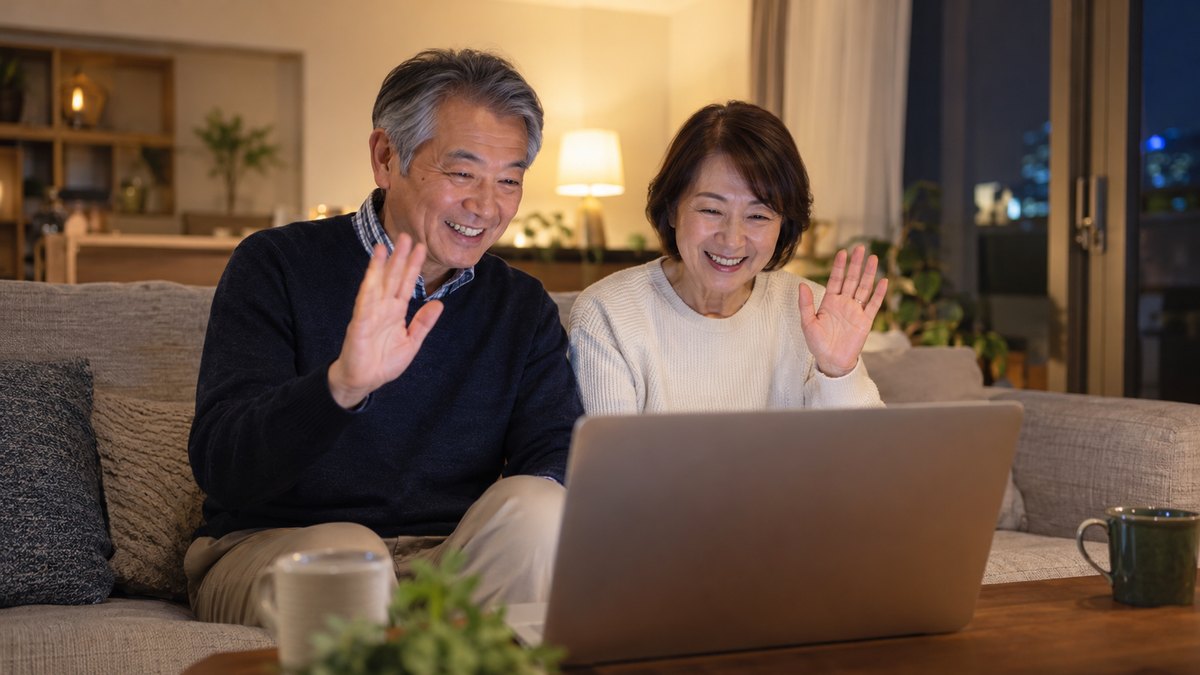 夜、自宅のリビングのソファで、60代の夫婦がノートパソコンに向かって並んで座り、ビデオ通話の相手に笑顔で手を振っている。画面の中はぼかして見えない