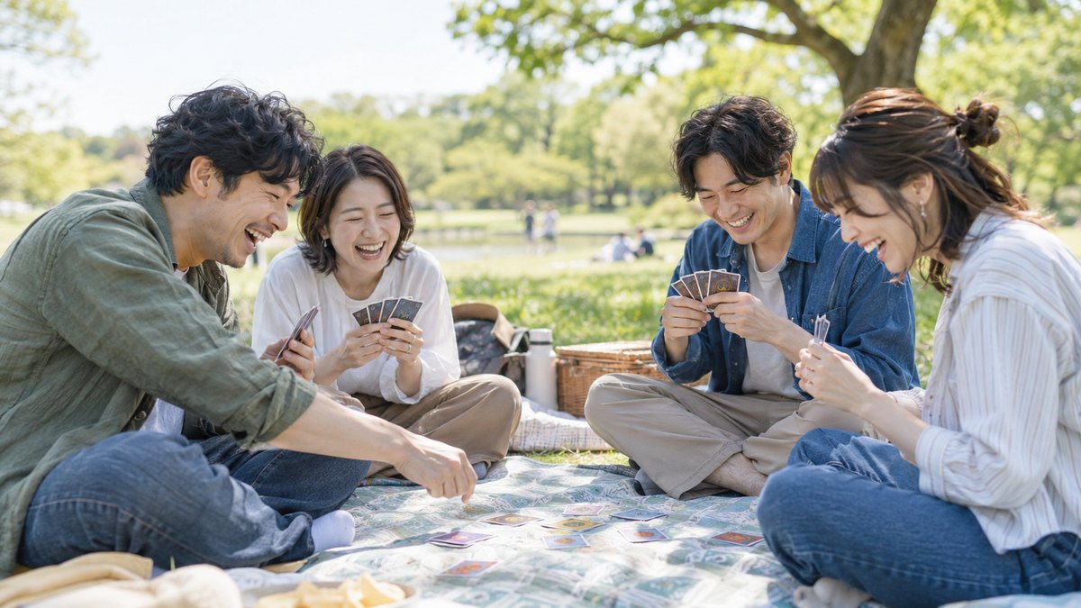 休日の昼、公園の芝生に敷いたレジャーシートの上で、30代の男女と友人の夫婦がカードゲームを囲み、声を出して笑い合っている。カードの文字は読めない