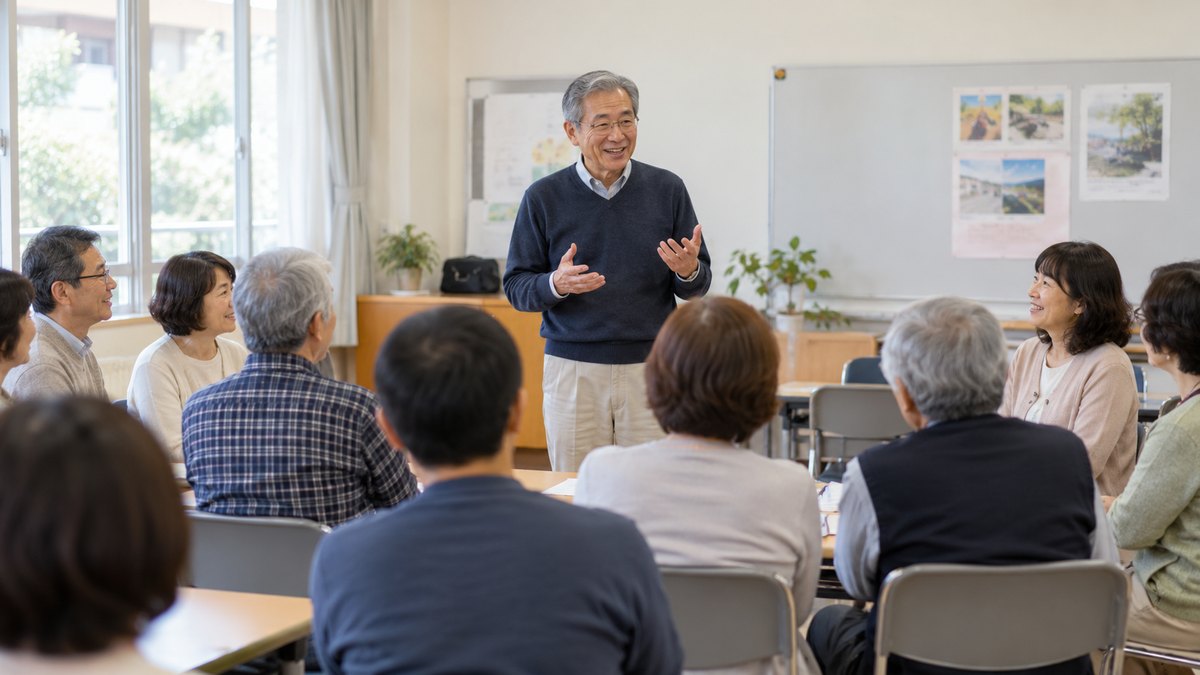 昼、市民センターの小さな集会室で、60代の男性が地域の集まりの十数人の前に立ち、少し照れながら手ぶりを交えて話している。掲示物の文字は読めない