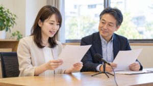 明るい研修室で、50代の男性講師の隣で紙の原稿を声に出して読む30代の女性会社員