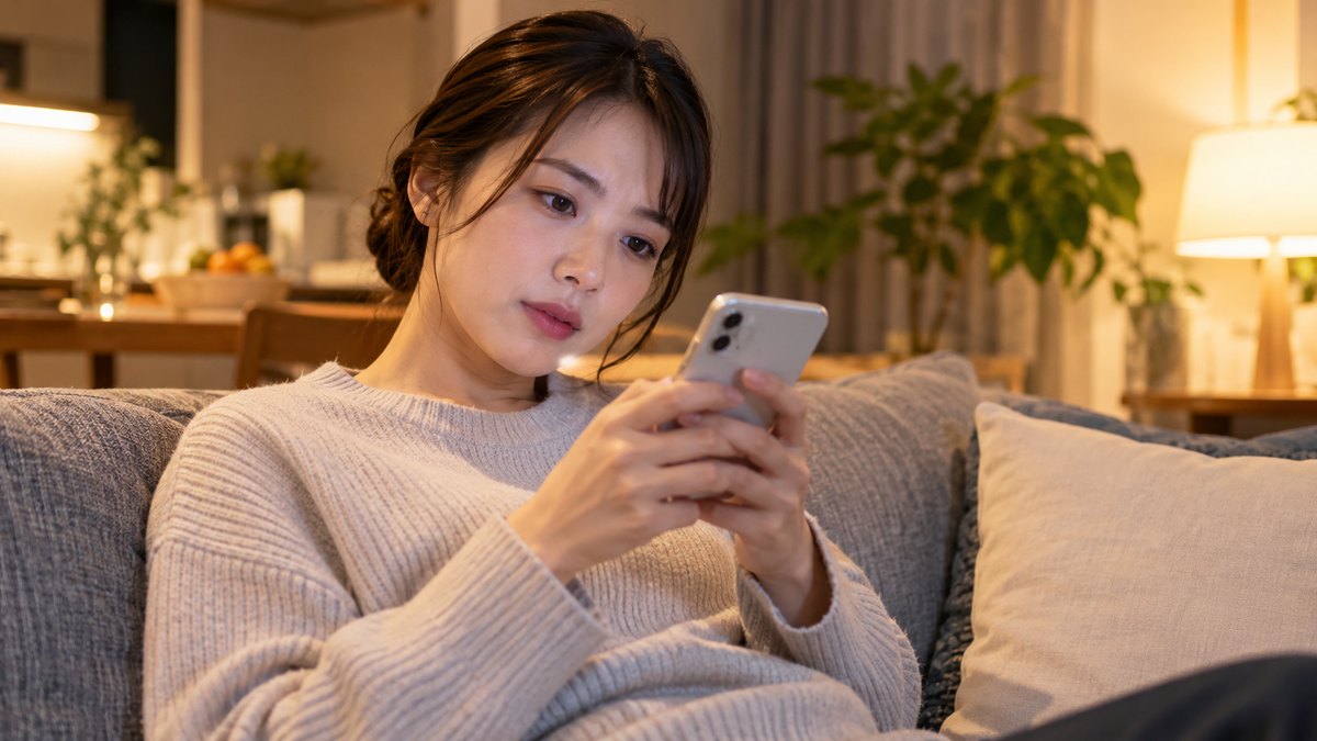 平日の夜、自宅のリビングのソファで、30代の女性がスマホを両手で持ち、少し首をかしげながら調べものをしている近景。スマホの画面の文字は見えない
