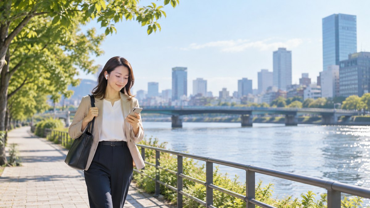 朝、川沿いの遊歩道を、30代の女性会社員がイヤホンをつけて歩きながら、スマホに録音した自分の声を聞いて小さくうなずいている遠景。スマホの画面の文字は見えない
