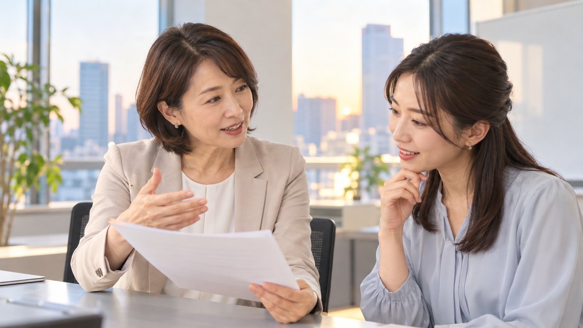 平日の夕方、高層ビルの中の明るい研修室で、40代の女性講師が30代の女性に紙の原稿の読み方を身ぶりを交えて教え、女性がうなずきながら聞いている近景。2人の顔が見える。原稿や壁に文字は無い