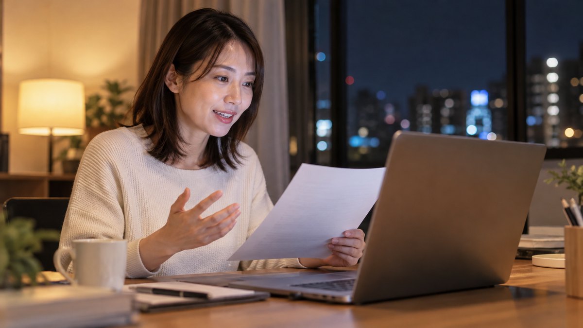 夜、マンションの一室の机で、30代の女性がノートパソコンに向かい、画面越しの相手と話しながら手元の紙を読み上げて練習している近景。画面の中は見えず、紙の文字も読めない