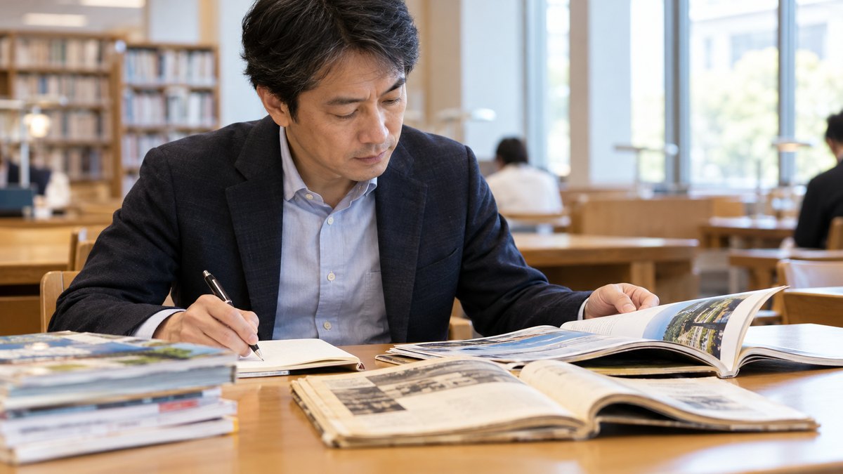 平日の昼、大学の図書館の静かな閲覧席で、40代の男性会社員が古い雑誌と新しい雑誌を並べて見比べ、メモを取っている近景。雑誌とメモの文字は読めない