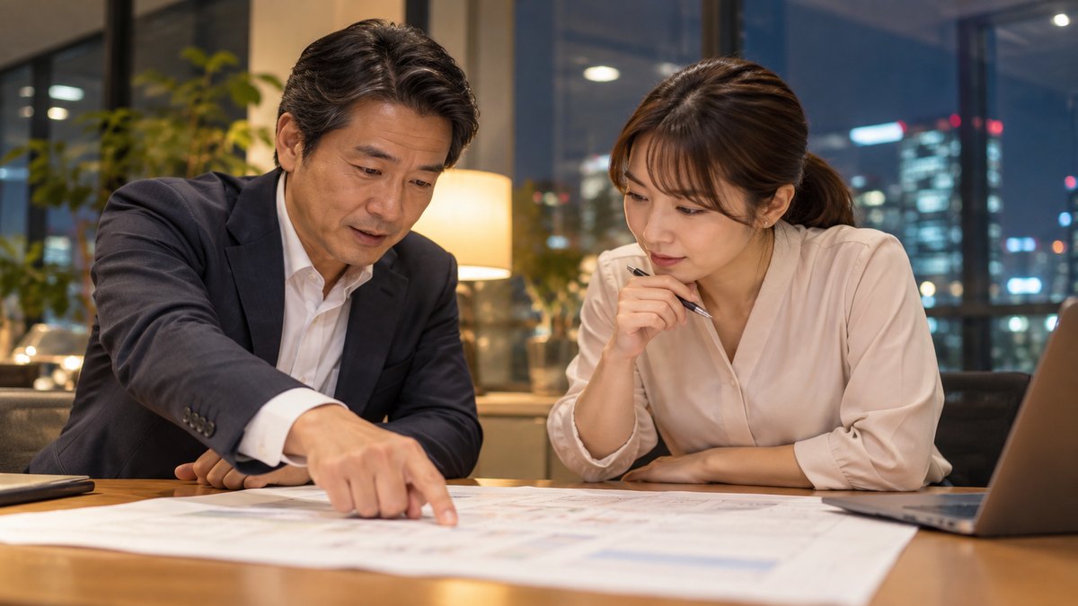 平日の夜、オフィスの打ち合わせスペースで、40代の男性と30代の女性が1枚の大きな紙の一覧表を机に広げ、指でたどりながら話している近景。紙の文字は読めない