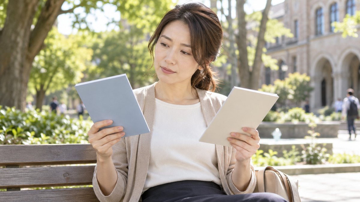 休日の午後、大学のキャンパスの中庭のベンチで、30代の女性が2冊の薄い冊子を左右の手に持ち、見比べながら考えている近景。冊子の文字は見えない
