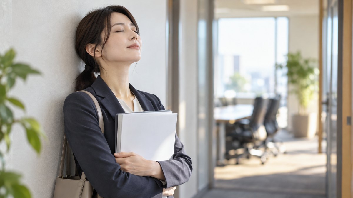朝、会社の会議室の前の静かな廊下で、30代の女性会社員が壁ぎわに立ち、資料を胸に抱えて目を閉じ、ゆっくり息を吐いている近景。資料の文字は見えない