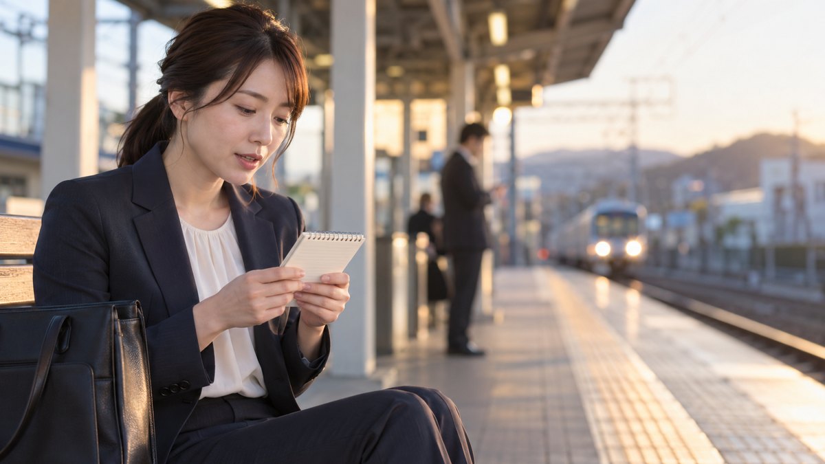 平日の夕方、郊外の駅のホームのベンチで、30代の女性会社員が電車を待ちながら、膝の上の小さなメモを見て口元を小さく動かし、話す練習をしている近景。駅名標や看板の文字は見えない
