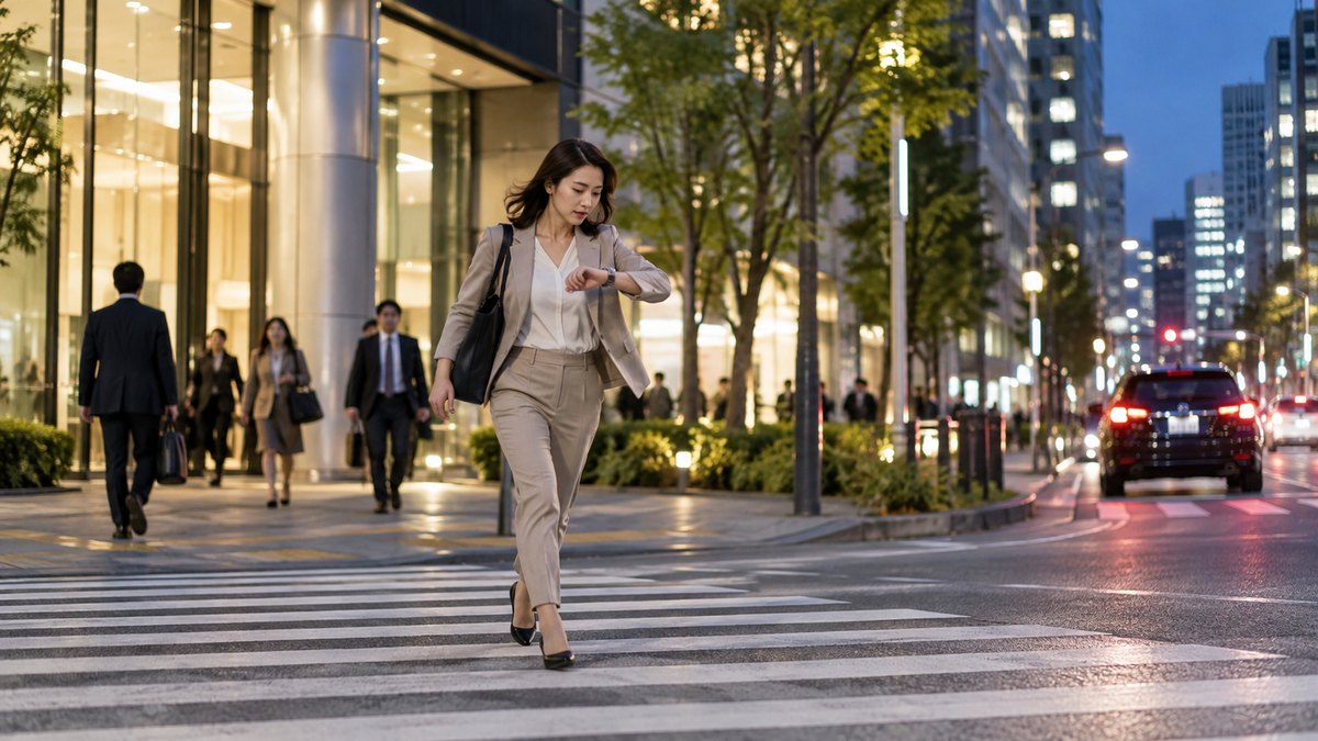 平日の夜、オフィスビルを出たばかりの30代の女性会社員が、腕時計を見ながら急ぎ足で横断歩道を渡っている遠景。街の看板やビルに文字は見えない