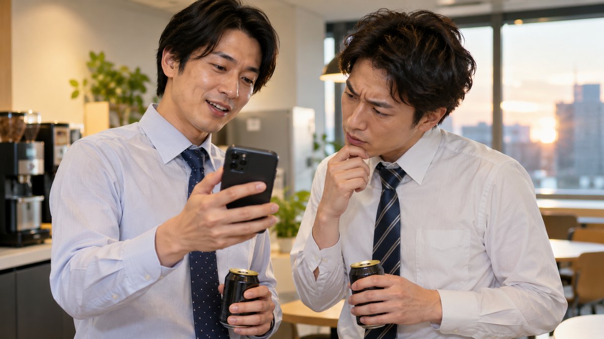 平日の夕方、会社の休憩室で、30代の男性2人が缶コーヒーを手に立ち、1人がスマホを見せ、もう1人が首をかしげて半信半疑の表情で画面をのぞいている近景。スマホの画面の文字は見えない