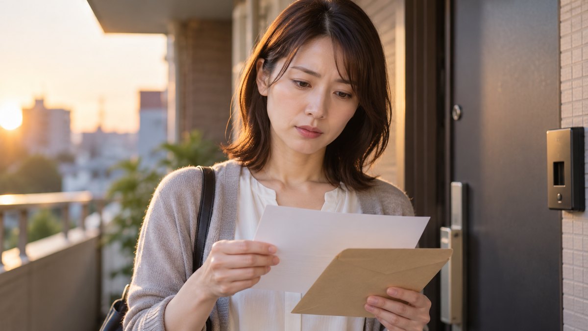 夕方、マンションの玄関先で、30代の女性が開けた封筒と1枚の紙を手に持ち、少し肩を落としながらも前を向いて考えている近景。紙の文字は見えない